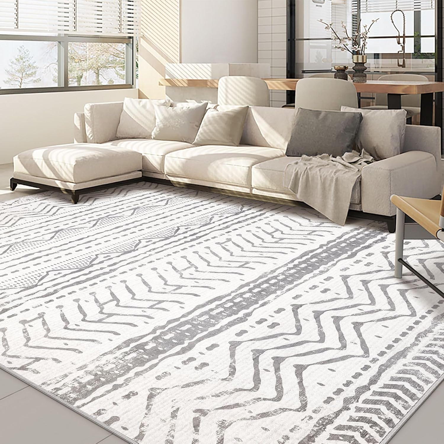 5x7 Area Rug Living Room: Machine Washable Boho Large Grey White