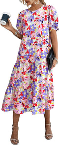 Summer Floral Boho Midi Dress - Flowy Puff Sleeve Sundress Casual