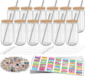 16 oz Clear Plastic Cups with Bamboo Lids and Straws - 12 Pack