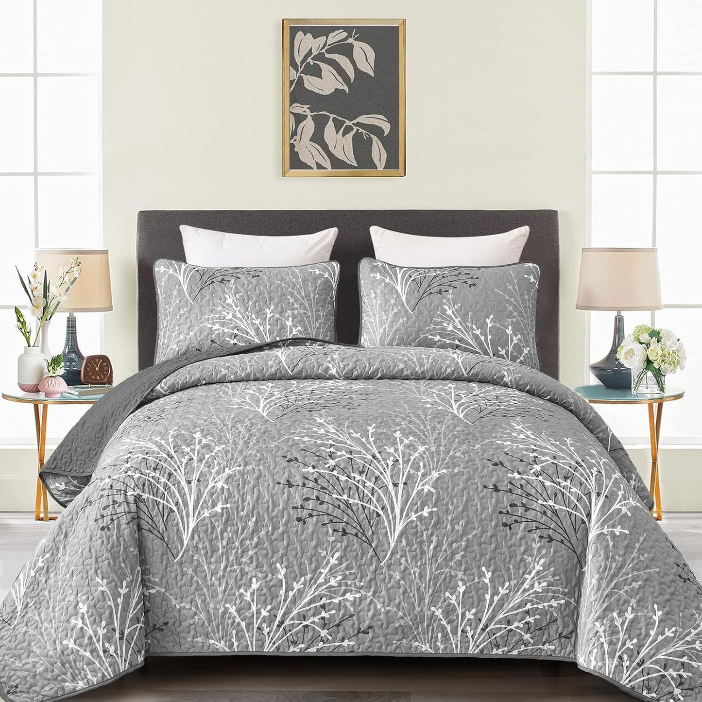 DJY Grey Quilt Set King Size - Soft Botanical Pattern Bedding