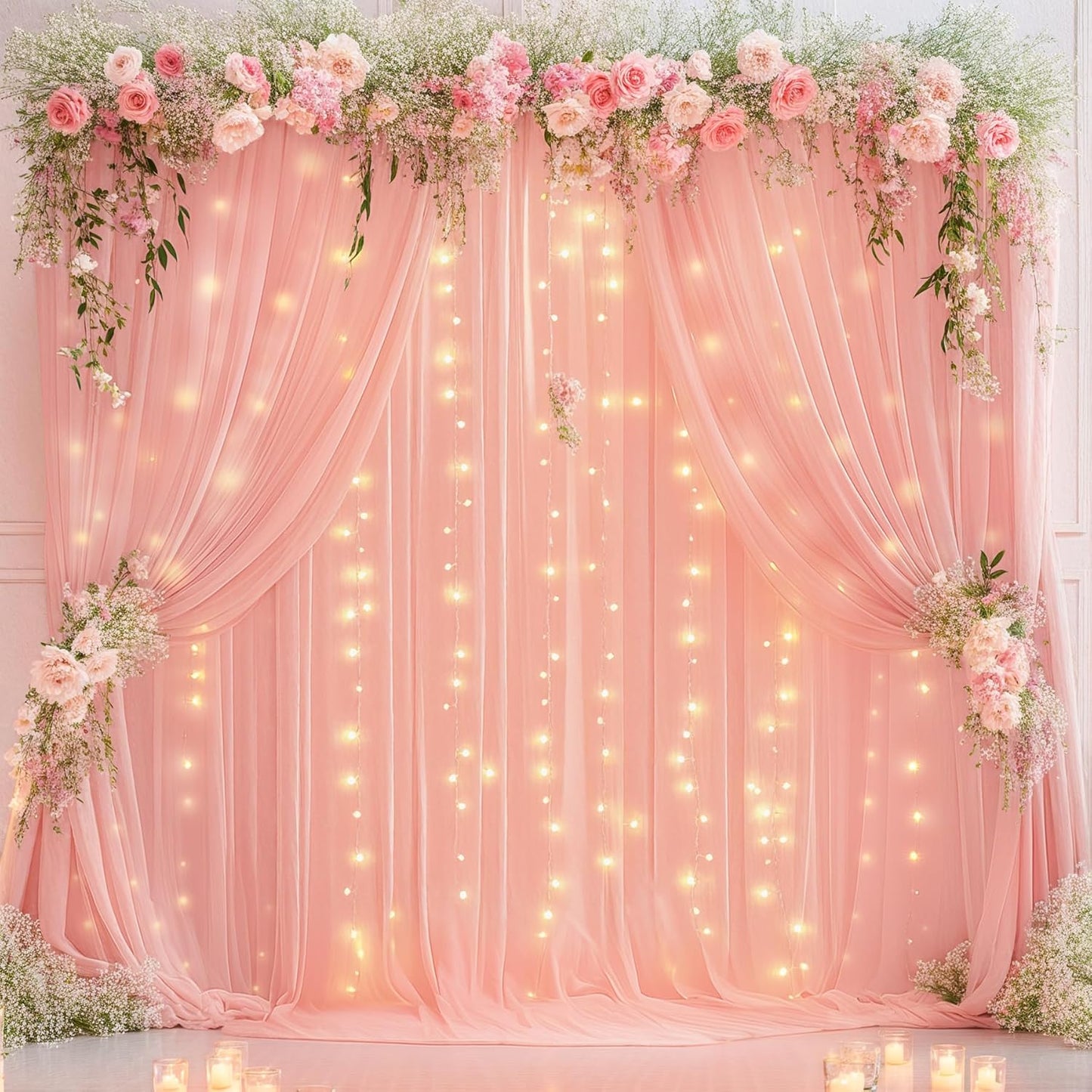 10ft x 10ft Baby Pink Chiffon Backdrop Curtain with Lights