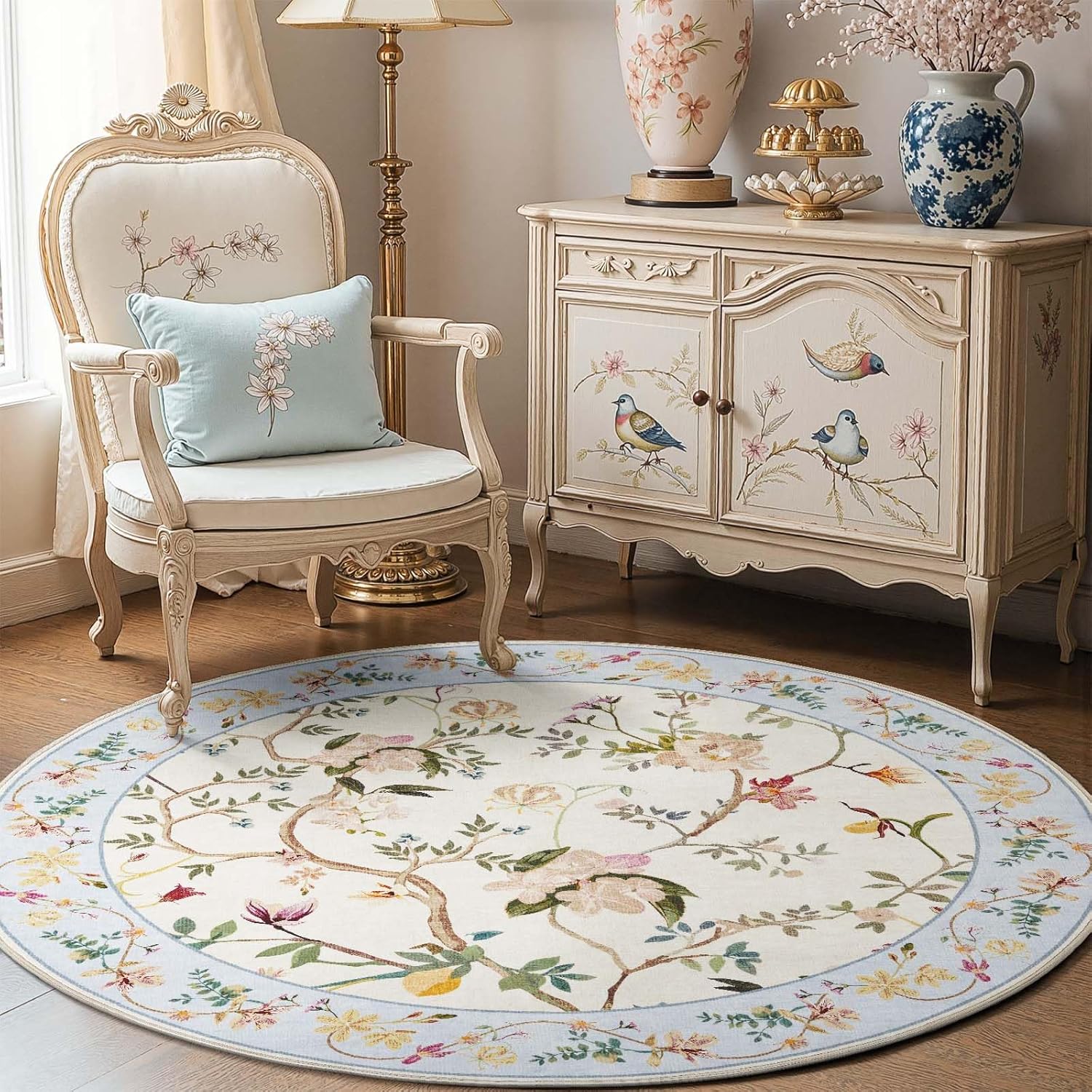 Floral Soft Washable Area Rugs Non Slip 6ft Round Rug