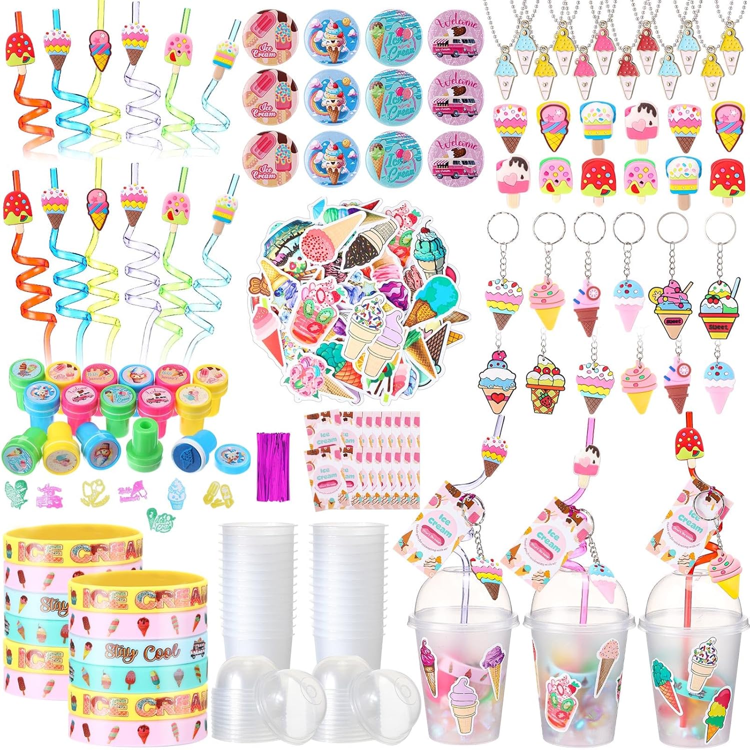 195 Pcs Ice Cream Birthday Party Favors for 16 Kids Fun