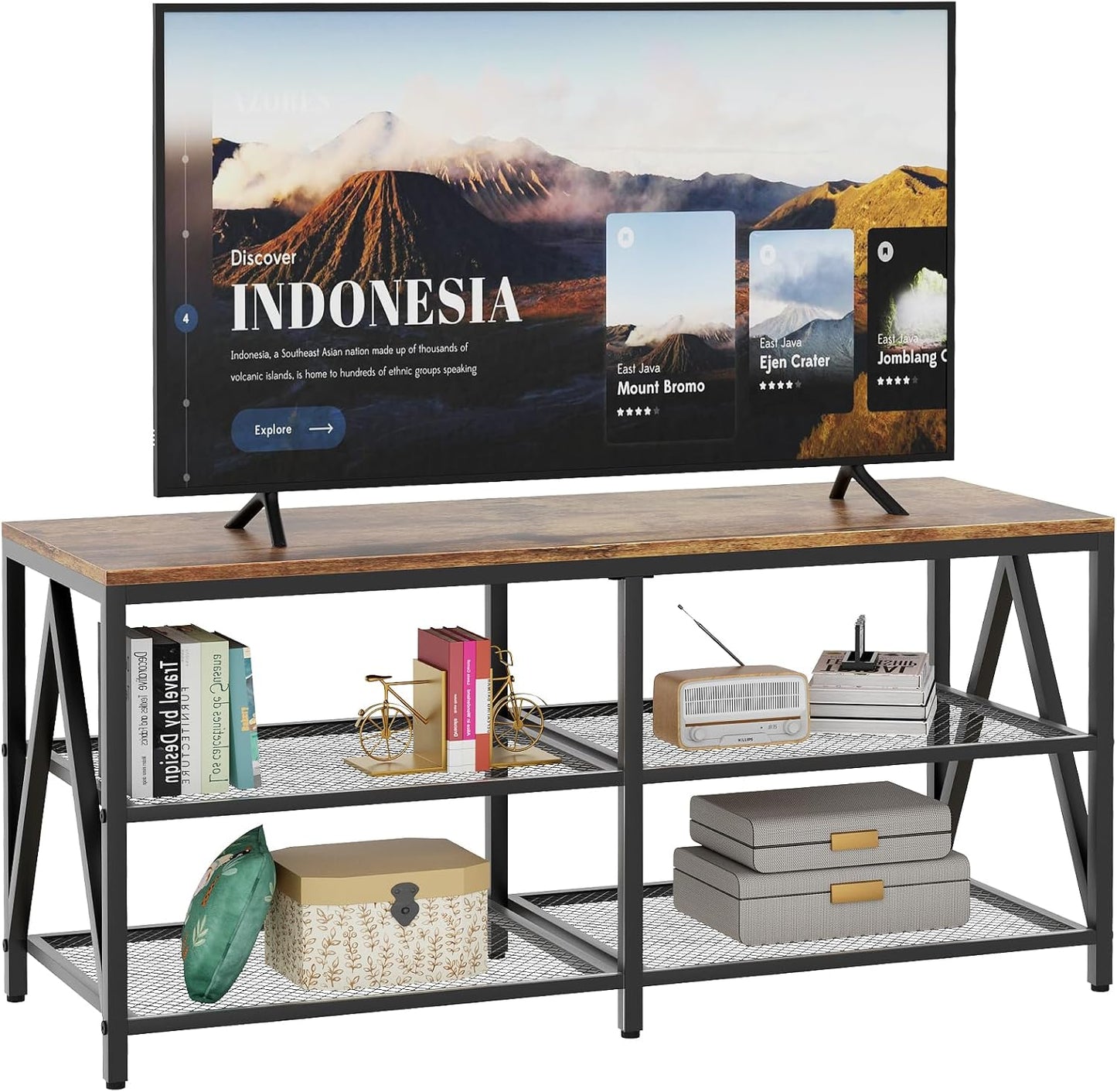 Rustic Brown TV Stand - 3-Tier Storage Shelves | Katrawu