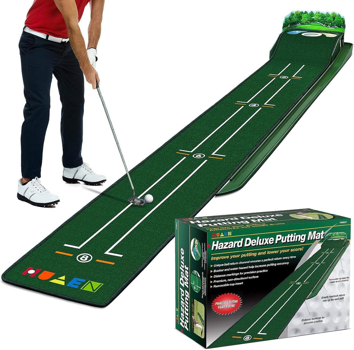 HUAEN Golf Putting Mat with Ball Return - Improve Accuracy & Speed