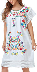 Embroidered Mexican Peasant Lace Short Sleeve Dress - Floral Detail