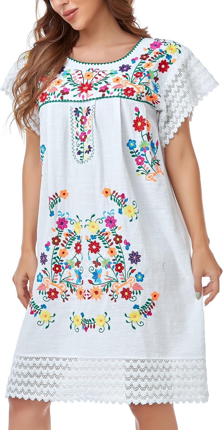YZXDORWJ Women Embroidered Mexican Peasant Dress for Summer