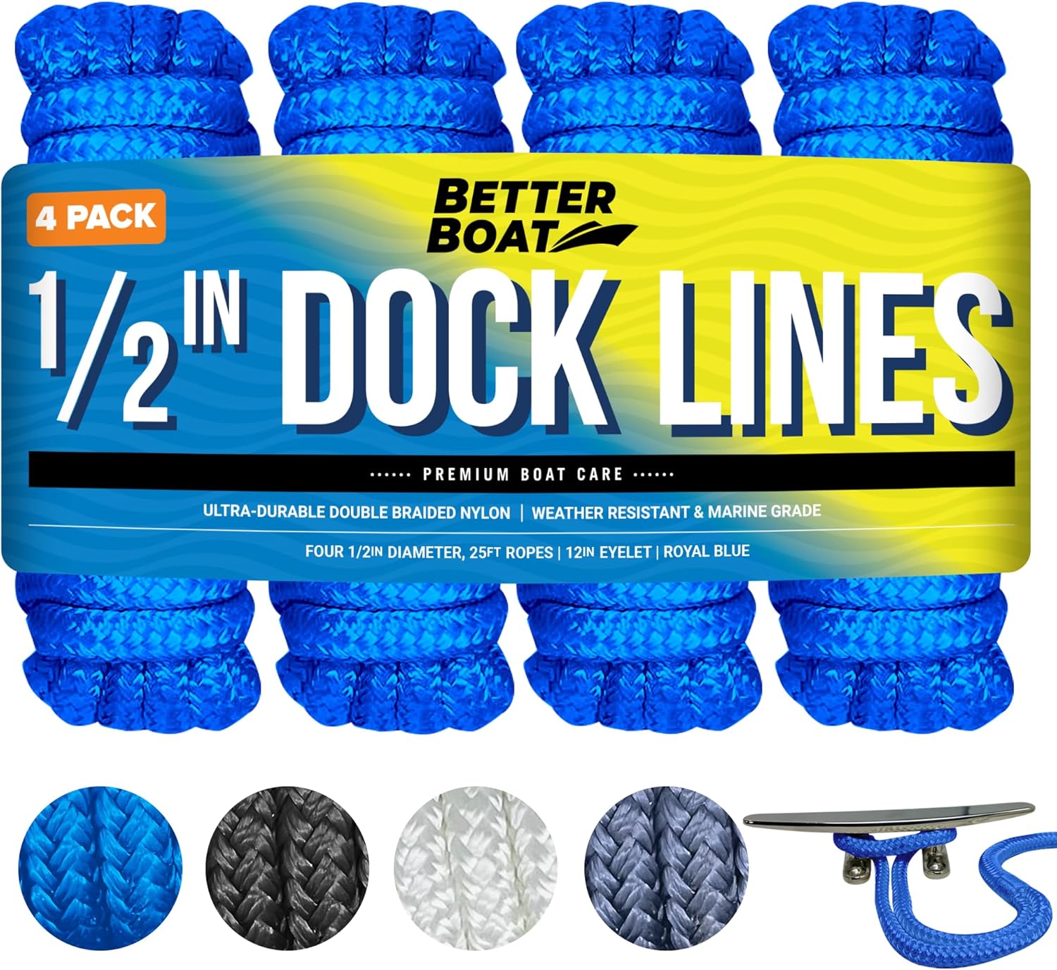 Boat Dock Lines 1/2 Inch Braided Nylon Rope 25 ft Mooring Lines