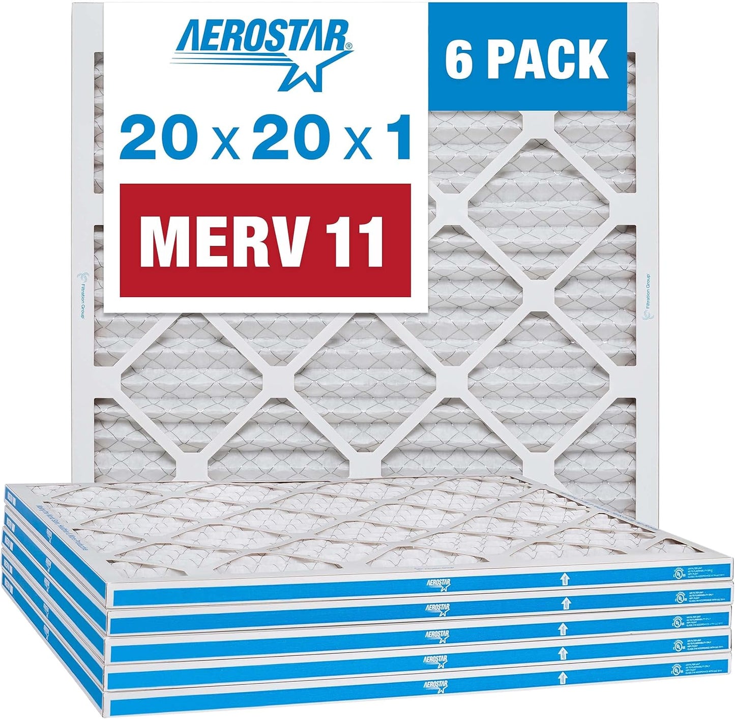 Aerostar 20x20x1 MERV 11 Pleated Air Filter - 6 Pack