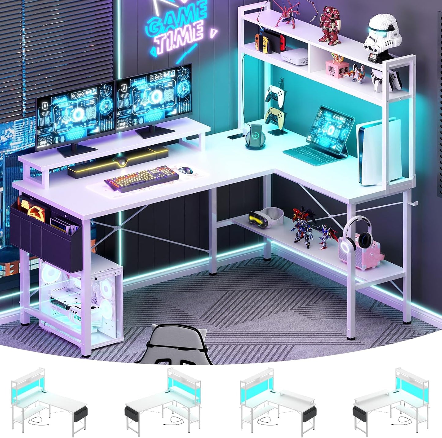 L Shaped Gaming Desk with Power Outlets & LED Lights for Home
