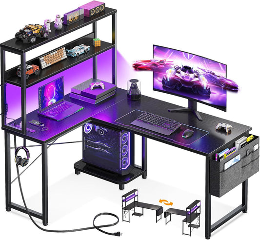 AODK L Shaped Desk with LED Light & Power Outlet for Gaming