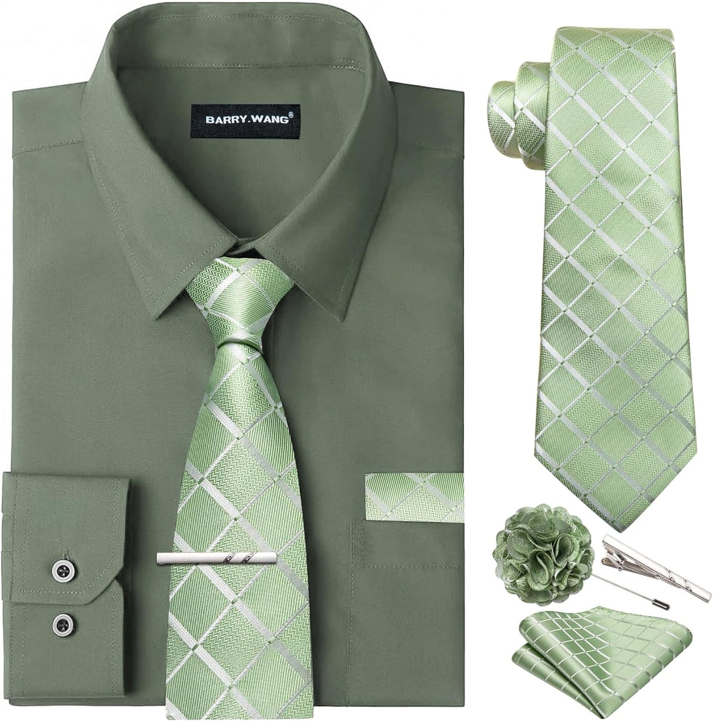Barry.Wang Solid Colors Mens Dress Shirt and Tie Set for All Occasions