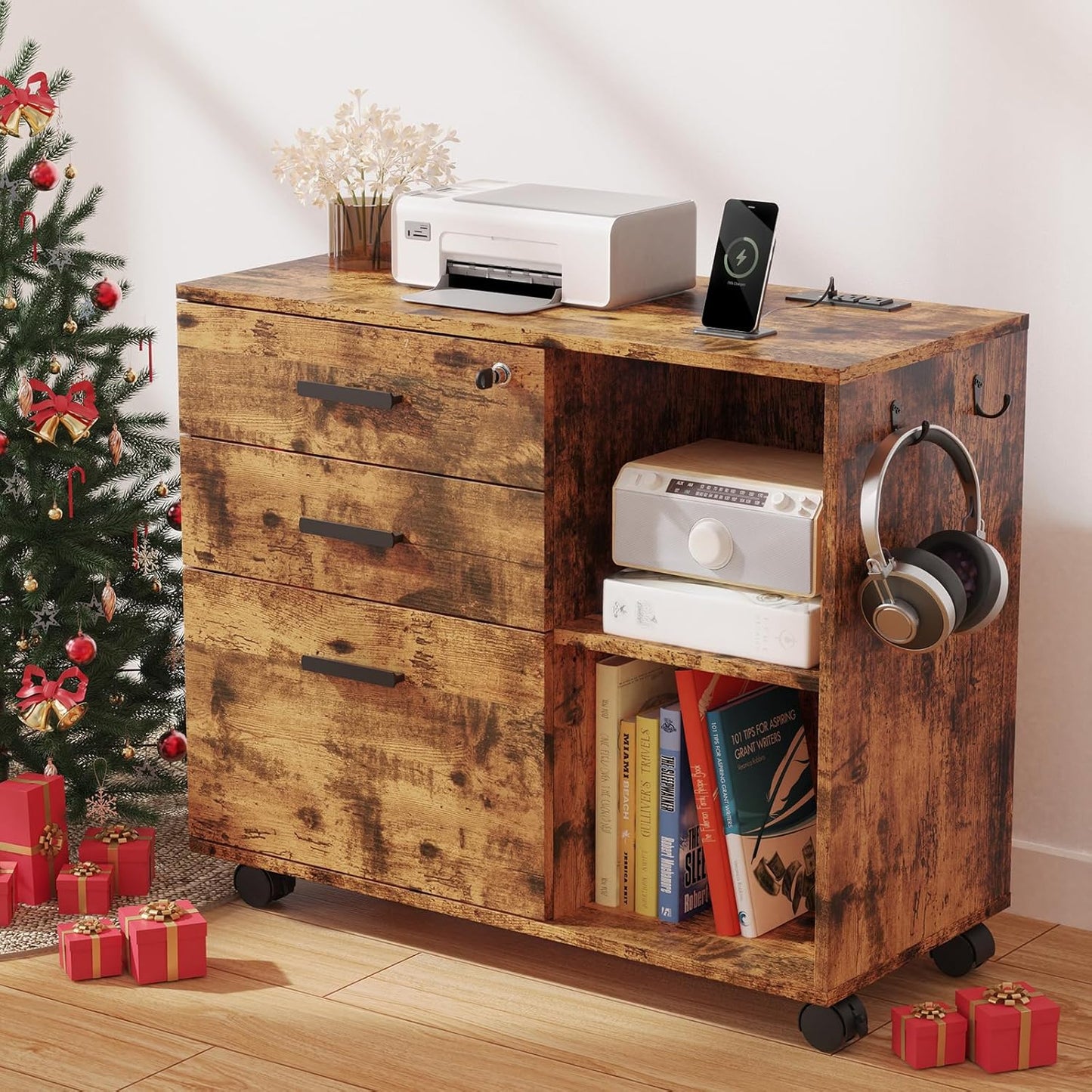Modern Wood File Cabinet with USB Port - JYVONIA