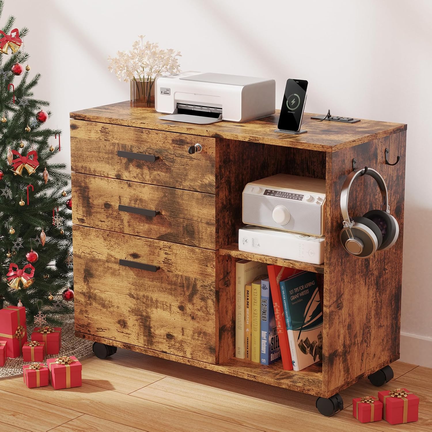 Modern Wood File Cabinet with USB Port - JYVONIA