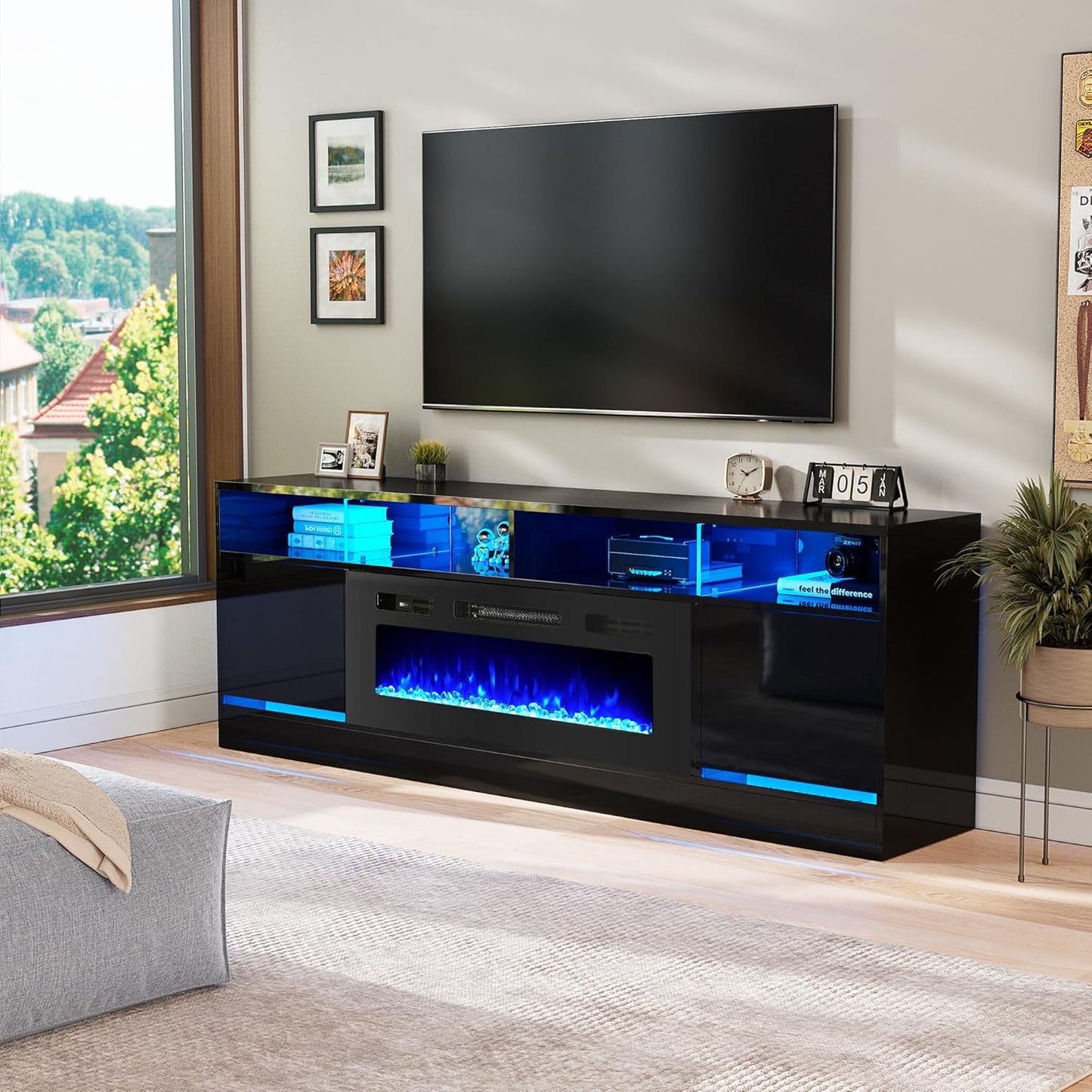 Modern Black Fireplace Media Console with LED Light