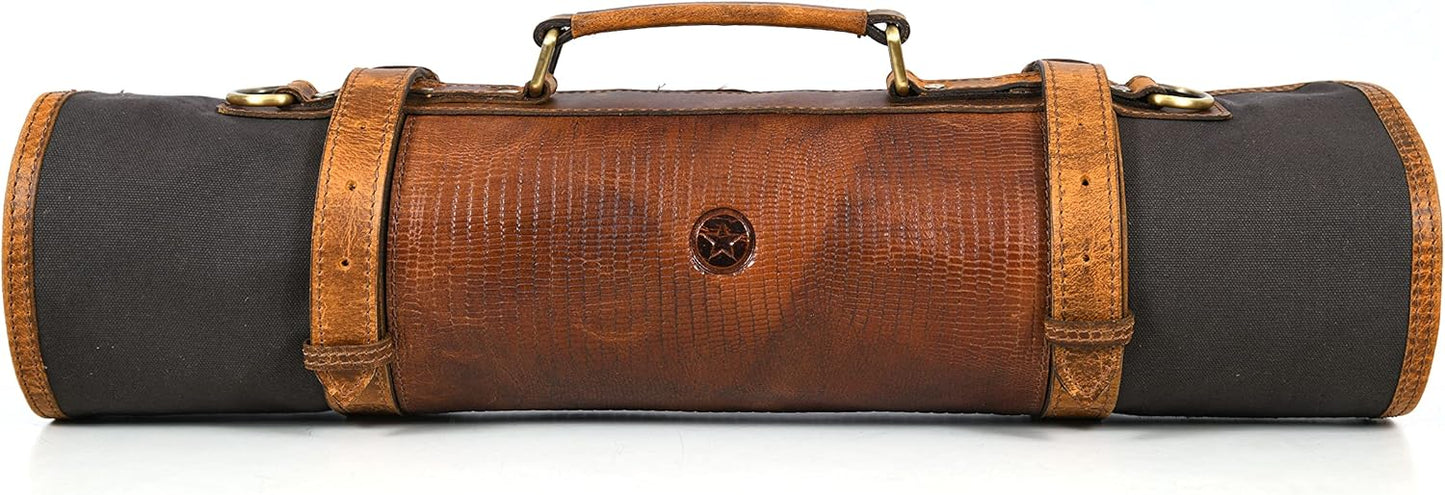 Leather Knife Roll Storage Bag with 10 Pockets for Chefs