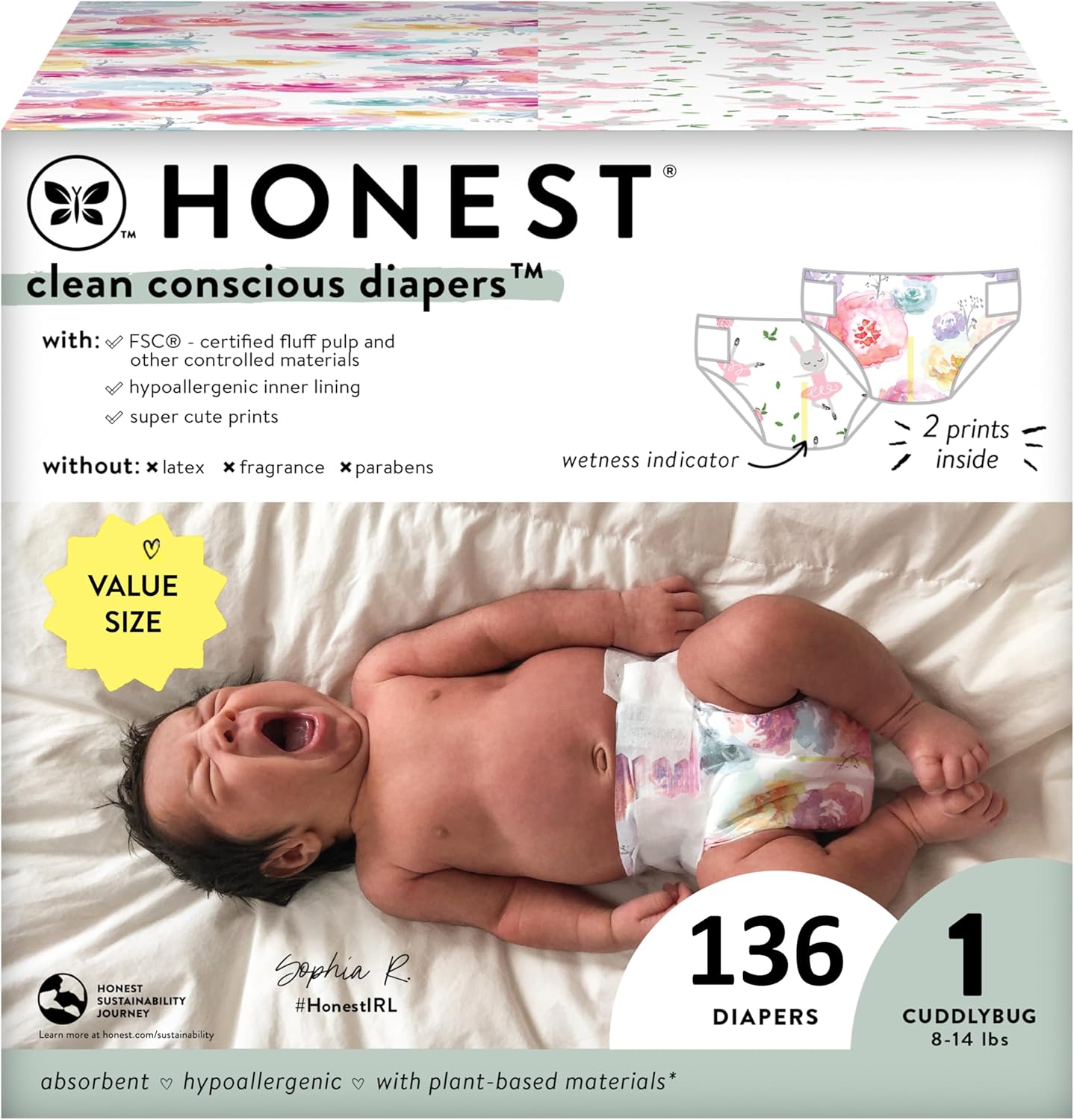 Plant-Based Rose Blossom Diapers | Size 1, 136 Count