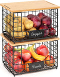Stackable Wire Baskets with Bamboo Top 2-Pack - XXL Pantry Organizer