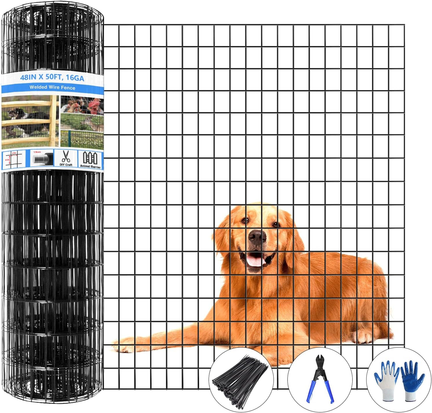 Welded Wire Fence for Garden, 50ft x 48in, PVC Coated Metal