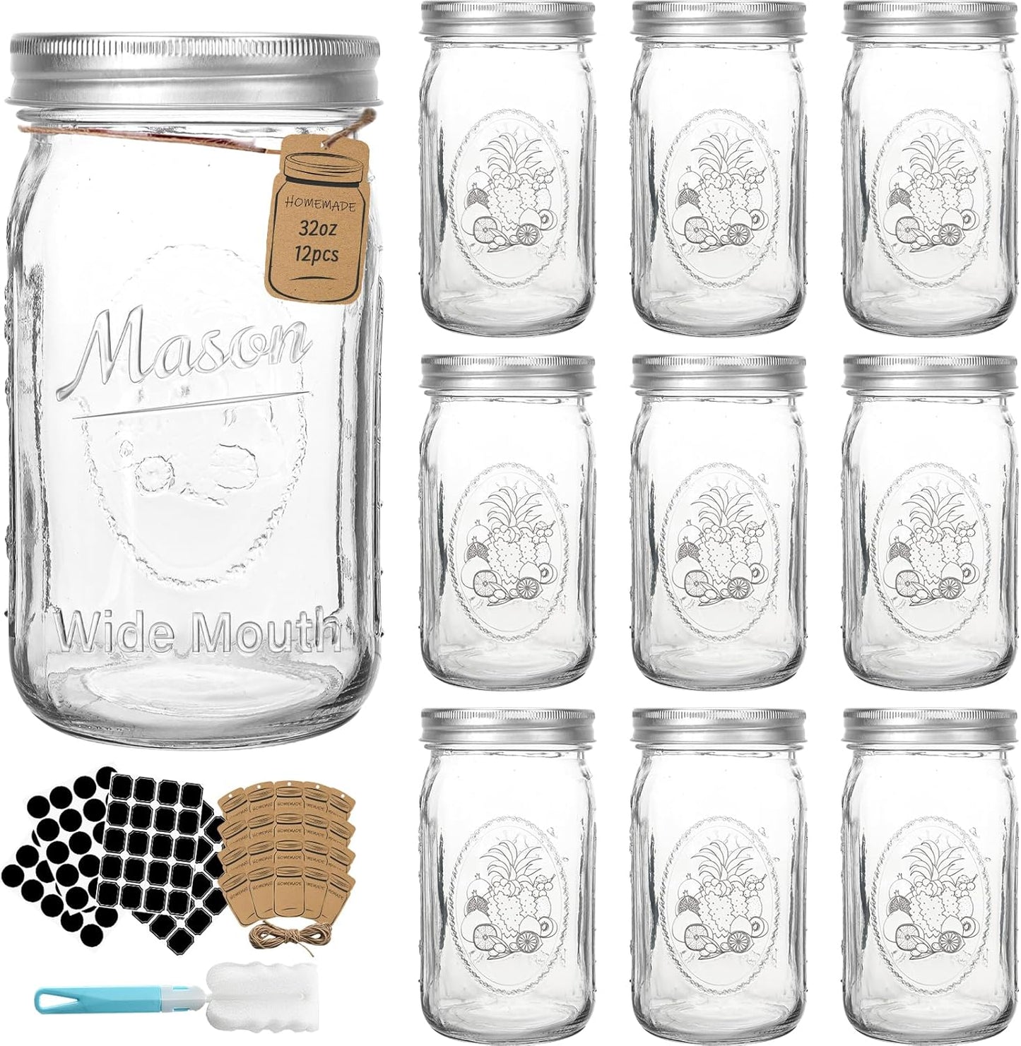 CycleMore Wide Mouth Mason Jars 32 oz for Food Storage & DIY