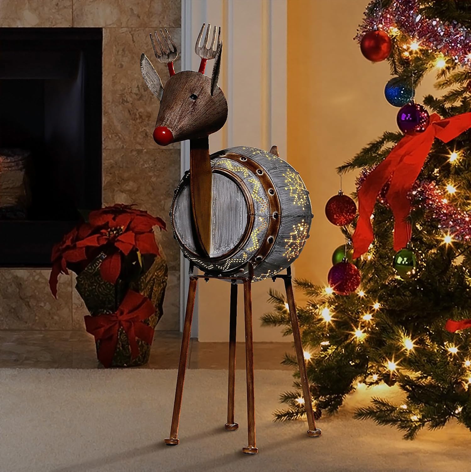 33in Tall Metal Barrel Reindeer Holiday Decor with LED Lights