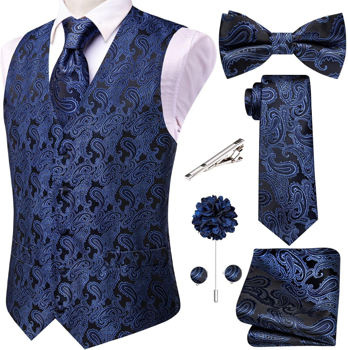 Hi-Tie Men's Silk Vest Bowtie Set for Formal Occasions