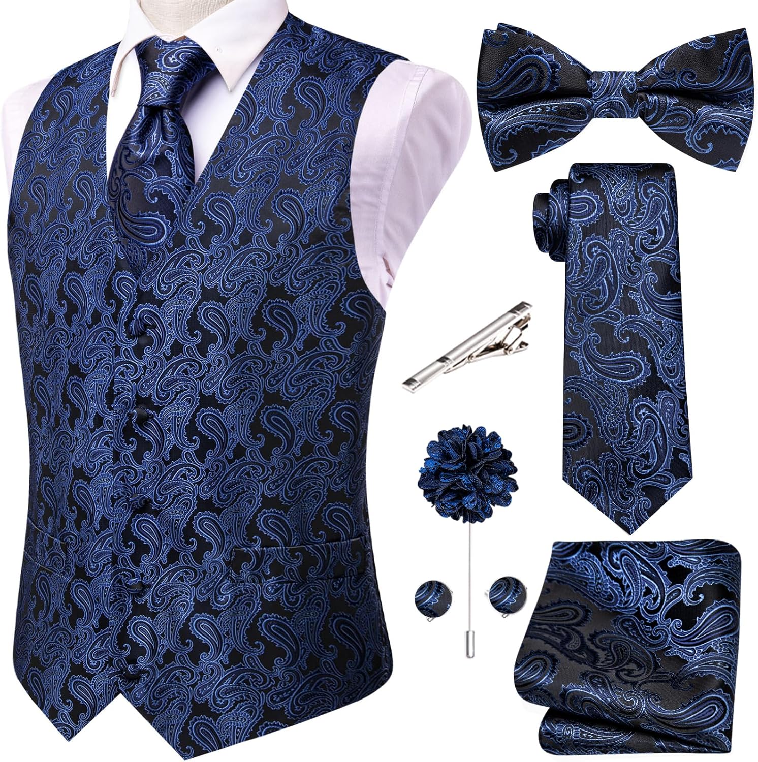Hi-Tie Men's Silk Vest Bowtie Set for Formal Occasions