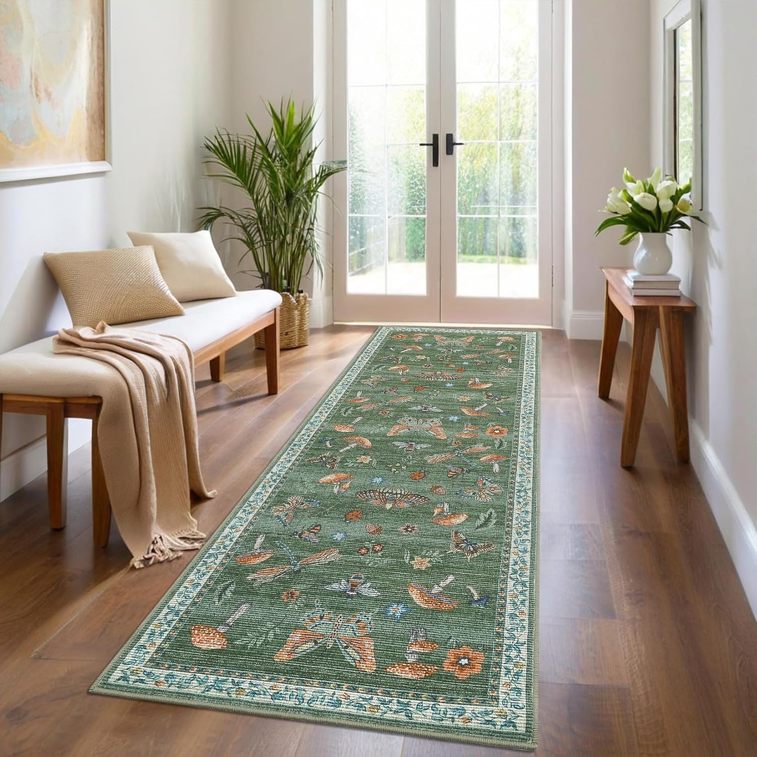 2.5x8 Runner Rug for Hallway Non Slip Washable Soft Green