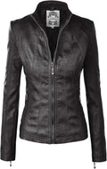 Womens Faux Leather Moto Biker Jacket with Stitching Detail - Zip Up