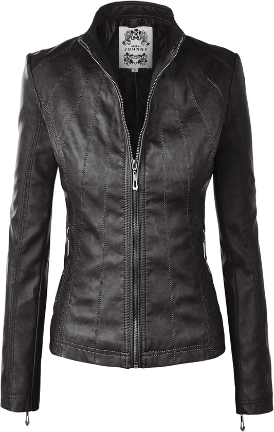 Stylish Faux Leather Zip Up Moto Biker Jacket for Women