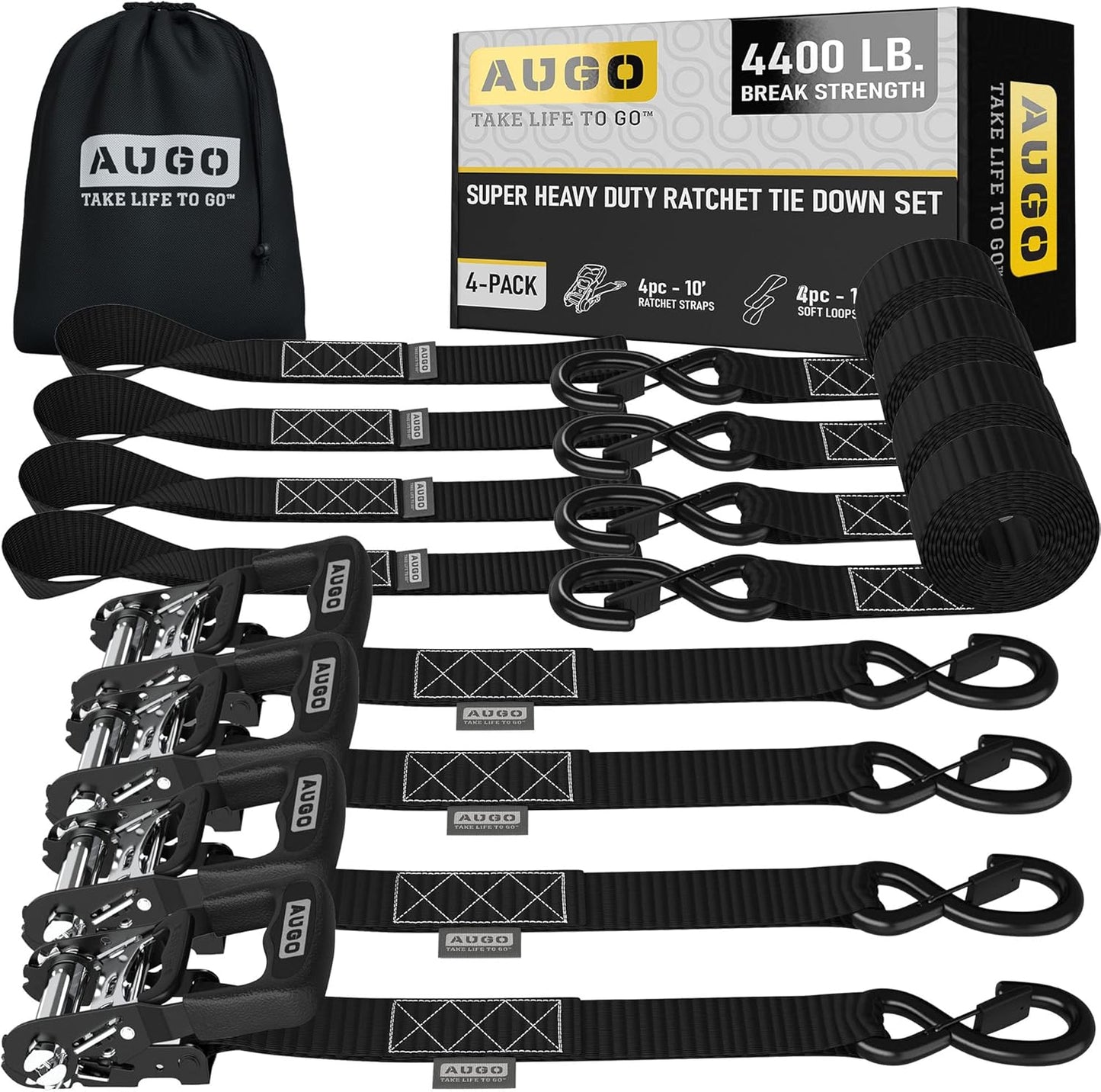 AUGO Heavy Duty Ratchet Straps with Soft Loops for Secure Loads