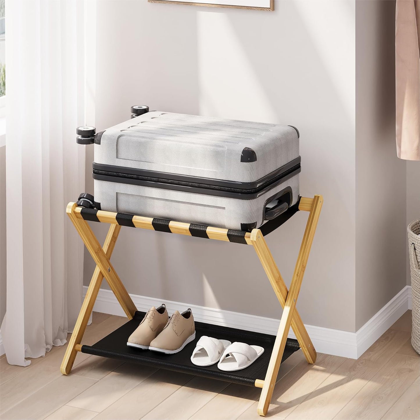 Folding Luggage Rack for Guest Room - Bamboo Suitcase Stand