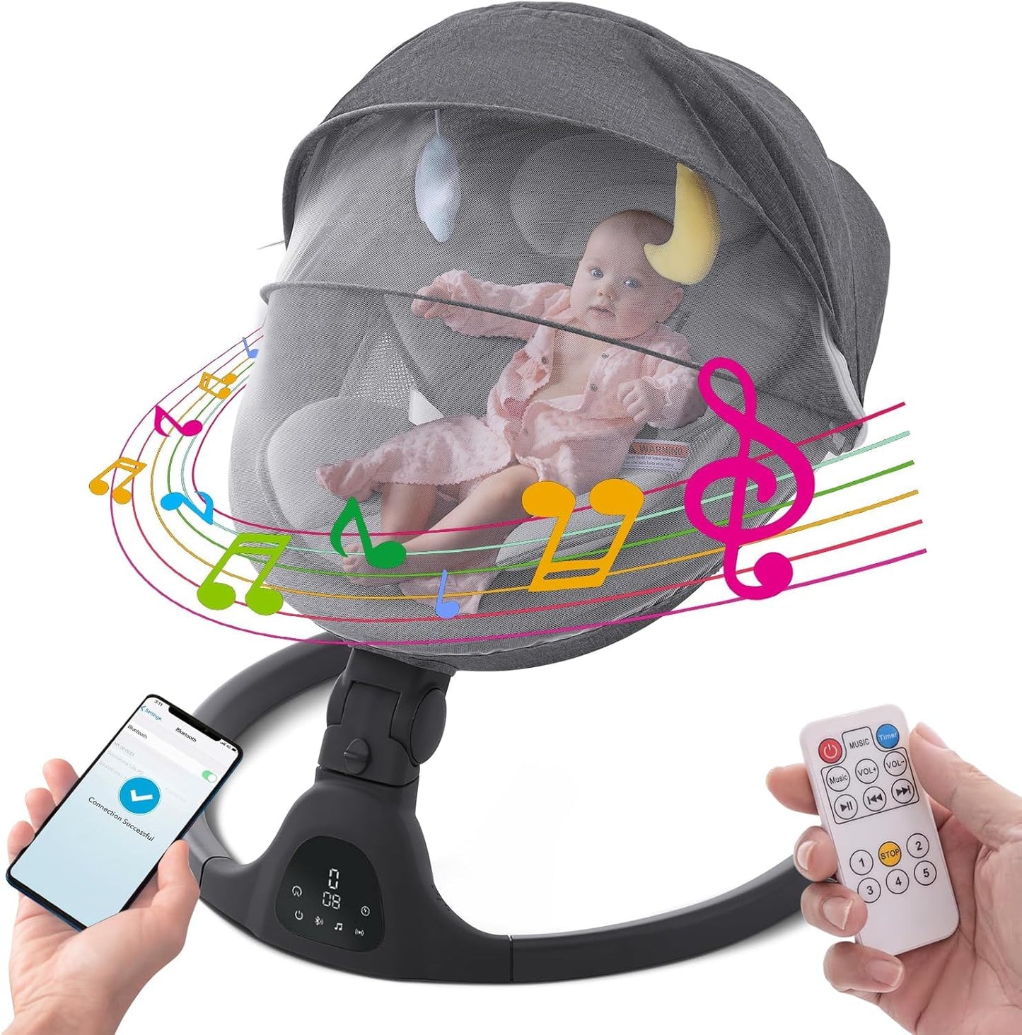 Portable Black Baby Swing with Music & Timer