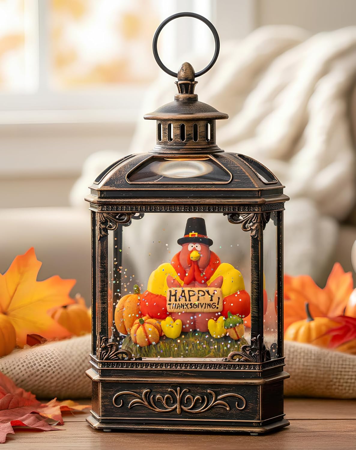 Fall Snow Globe Lantern with Thanksgiving Turkey and Pumpkins