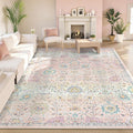 Lahome Pink Boho Area Rug, Soft Blush Floral Carpet for Home