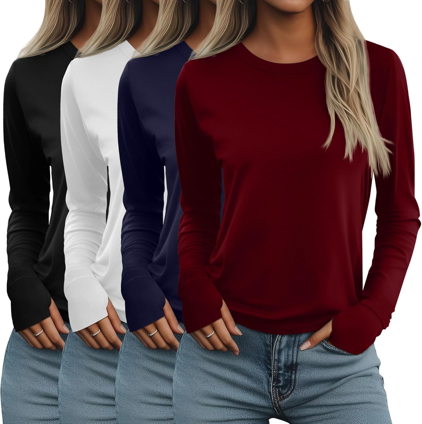 Neer 4 Pack Women's Long Sleeve Shirts with Thumb Holes for Fall