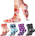 Tie Dye Yoga Socks with Grips 4 Pairs - Non Slip Pilates Crew Socks