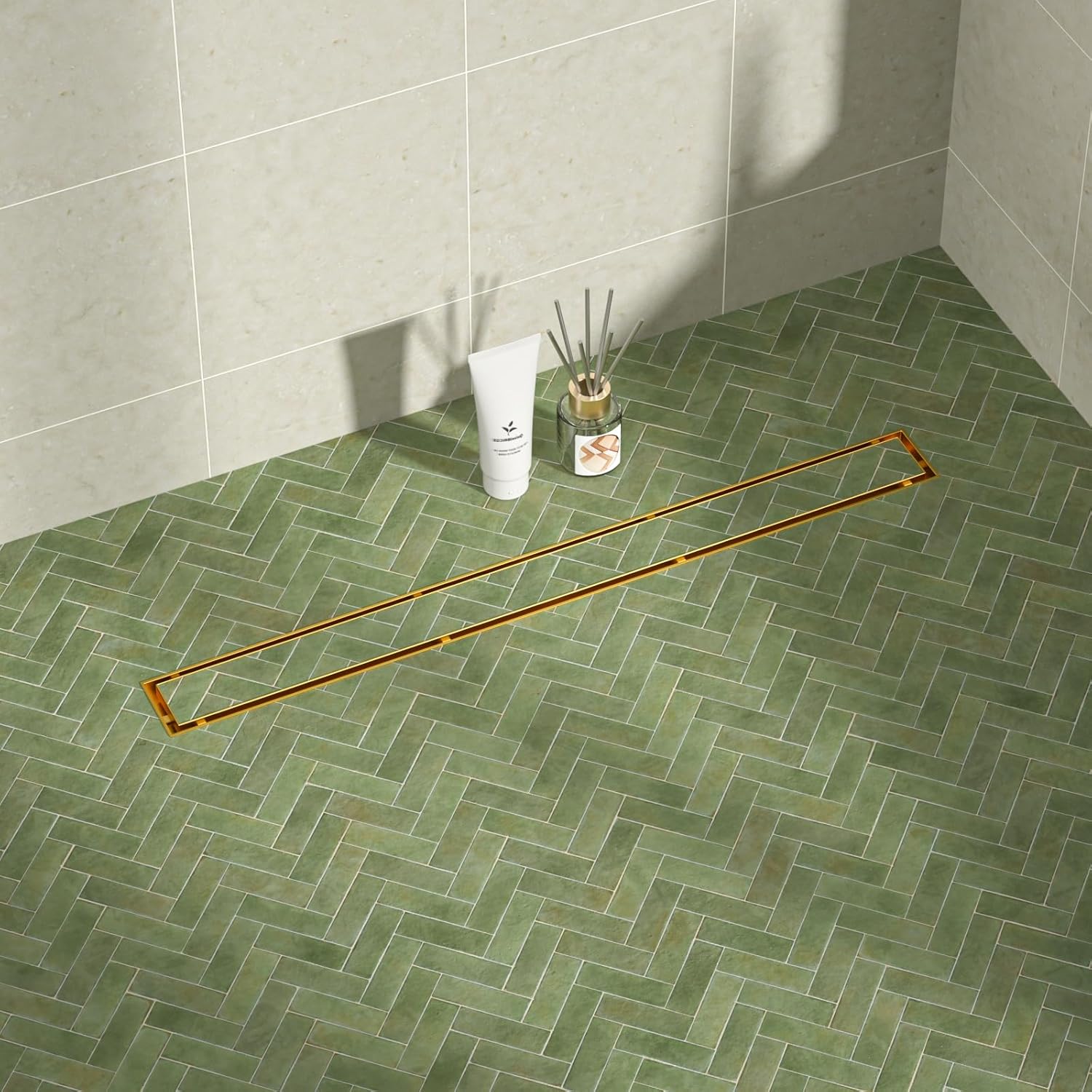 Linear Shower Drain 30in Brushed Gold with Tiled Insert Grate