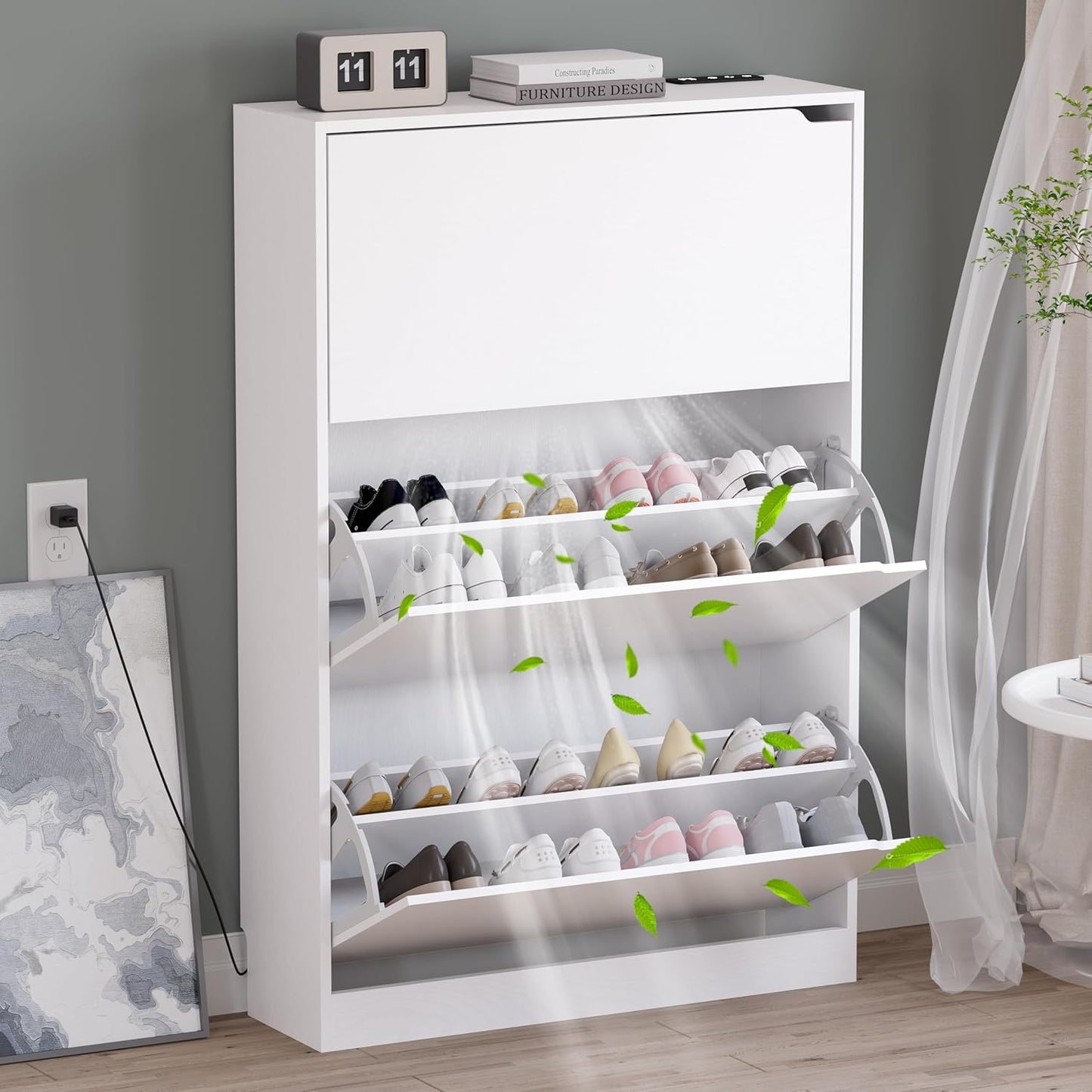 Shoe Cabinet with Odor Control and Adjustable Shelves for Entryway