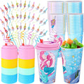 Mermaid Party Cups 36 Sets with Lids and Straws - Fun Reusable 16oz