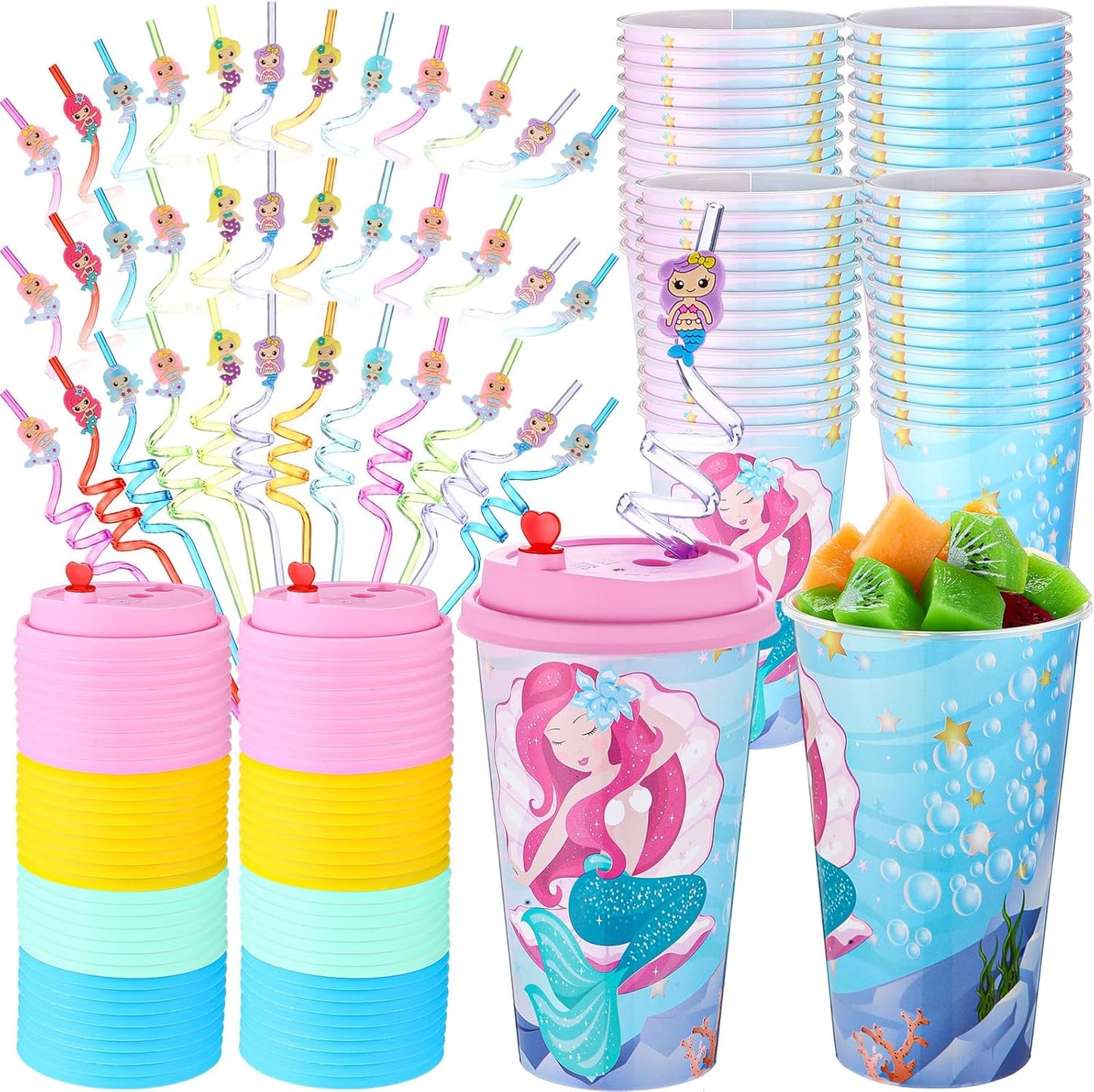 Mermaid Party Favors with Lids and Straws for Birthday Fun