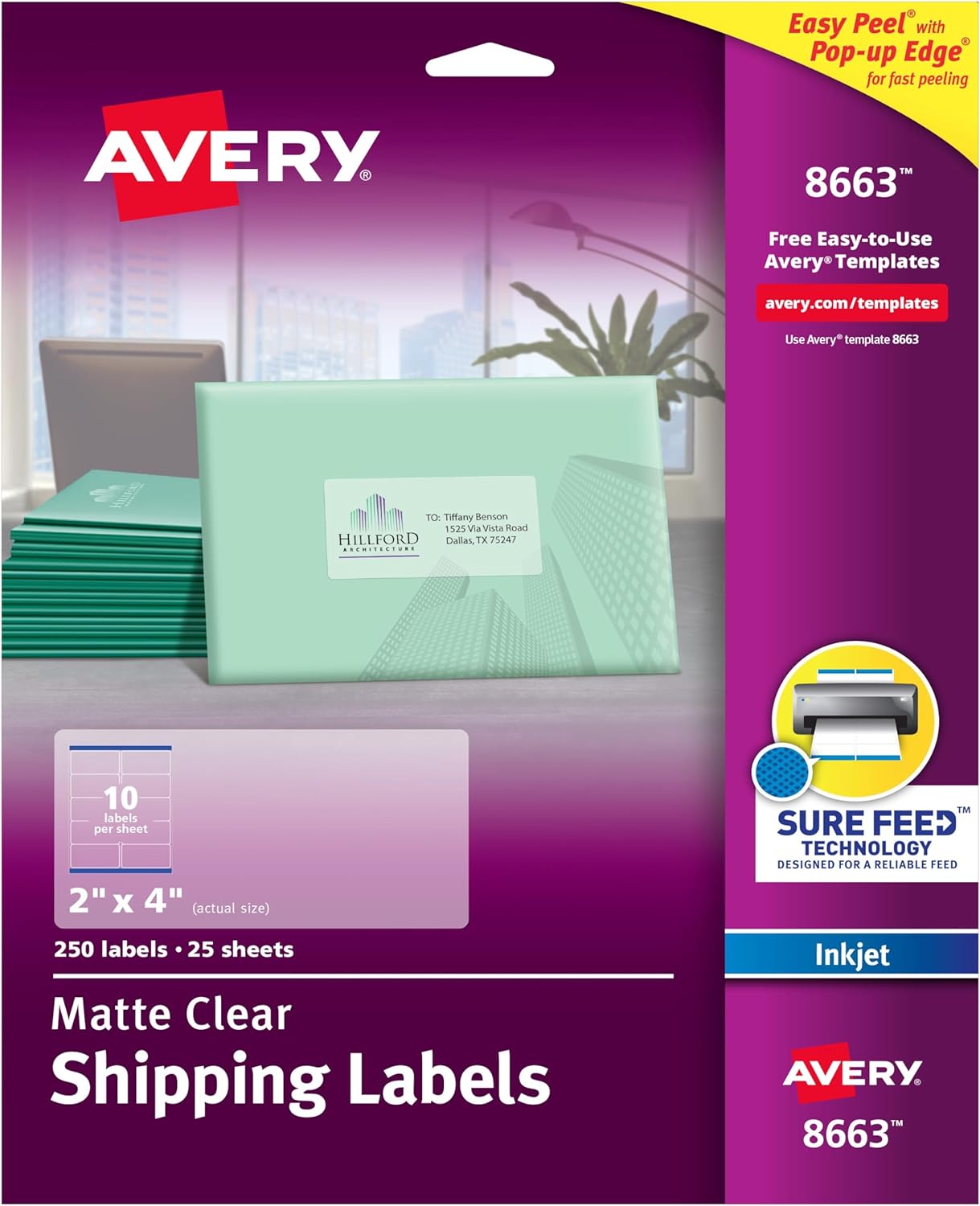250 Avery Sure Feed Shipping Labels: Clear Matte Finish
