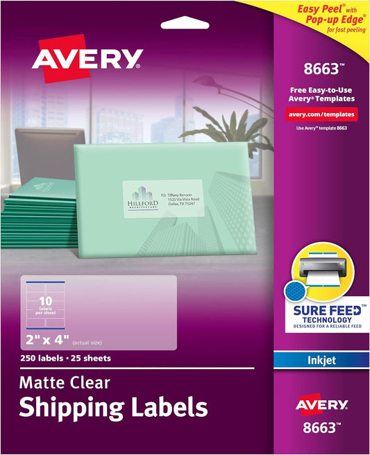 250 Avery Sure Feed Shipping Labels: Clear Matte Finish