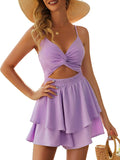 Women's Sexy V Neck Twist Spaghetti Strap Ruffle Hem Romper