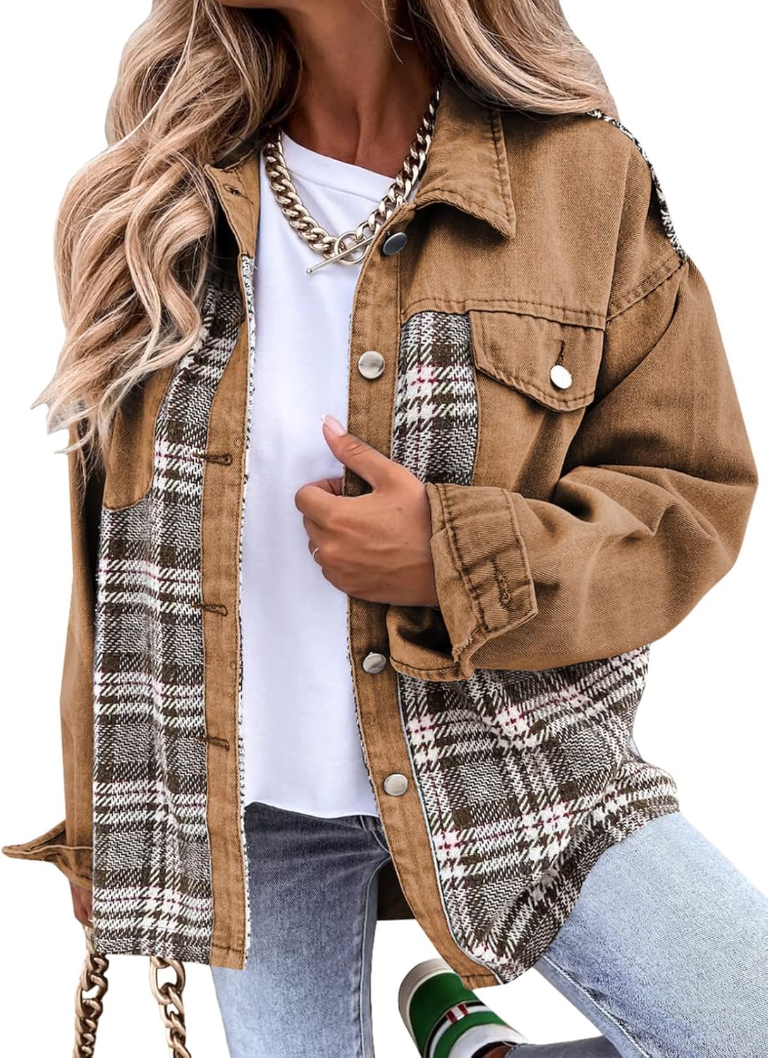 Oversized Denim Jacket for Women - Trendy Plaid Shacket Style