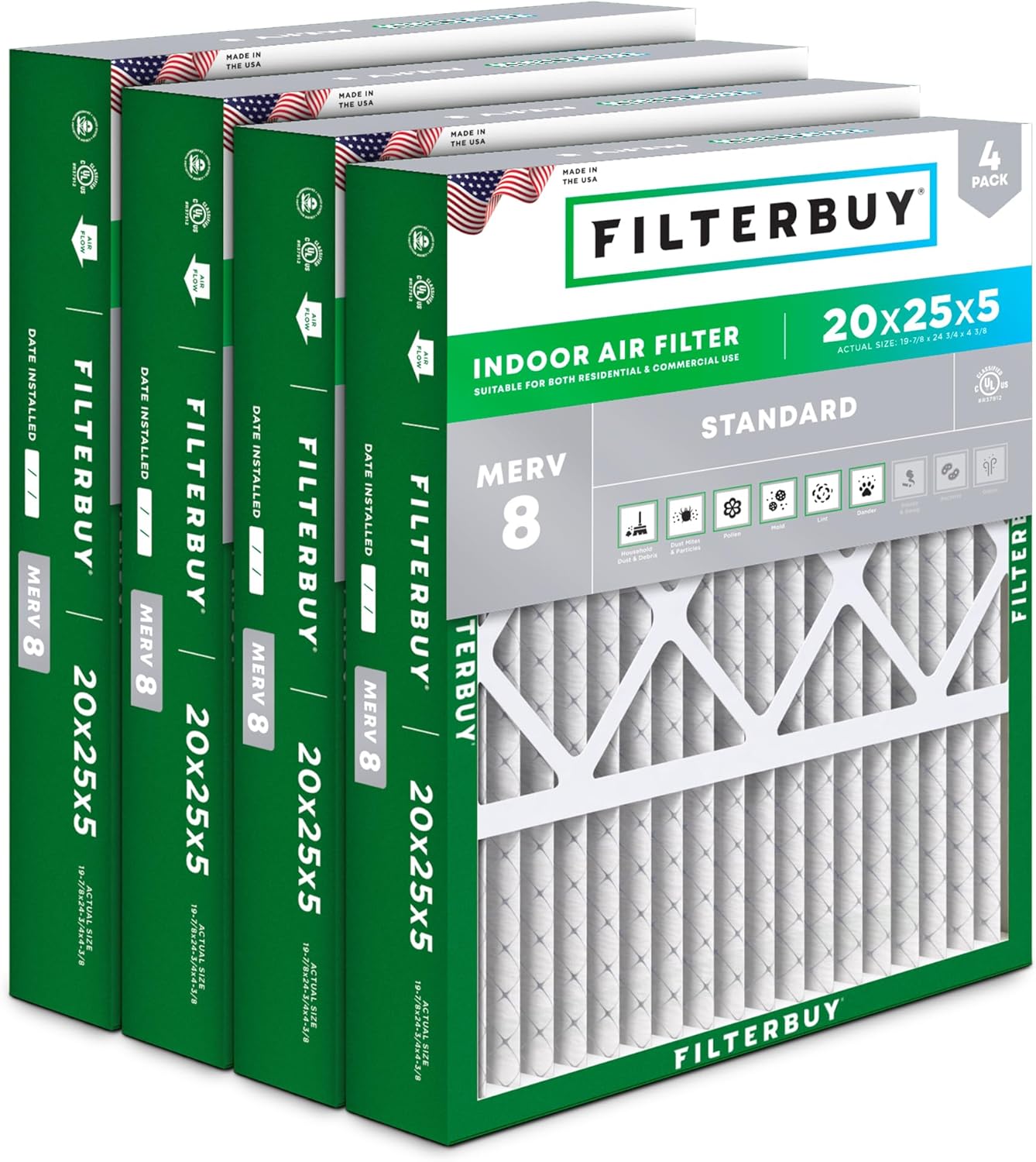 Filterbuy 20x25x5 Air Filter MERV 8 for Dust & Allergy Defense