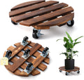 Round Wooden Plant Stand with Wheels 14in - Rolling Plant Caddies (2