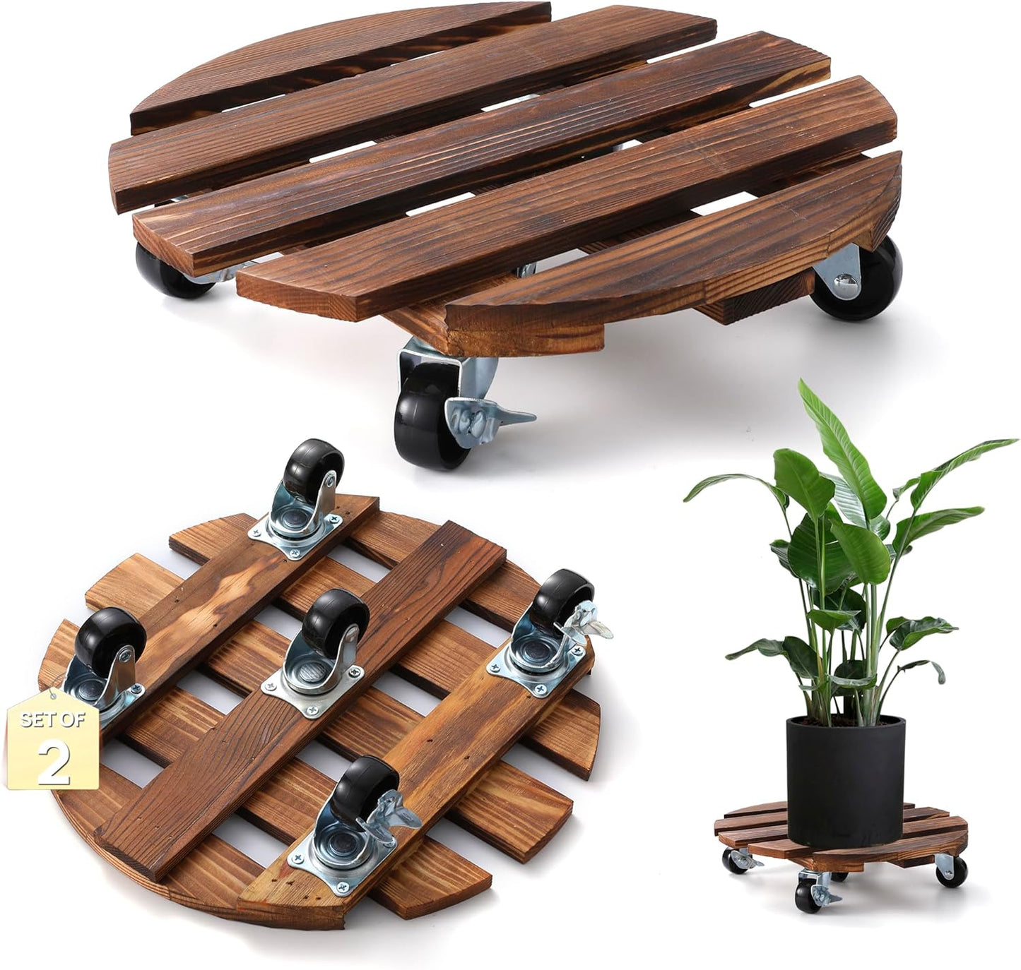 ZXZYHFTY Round Wooden Plant Stand with Wheels for Easy Mobility