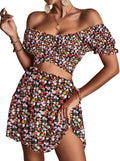 LYANER Women's 2 Piece Floral Off Shoulder Tie Up Crop (Style B9F7)