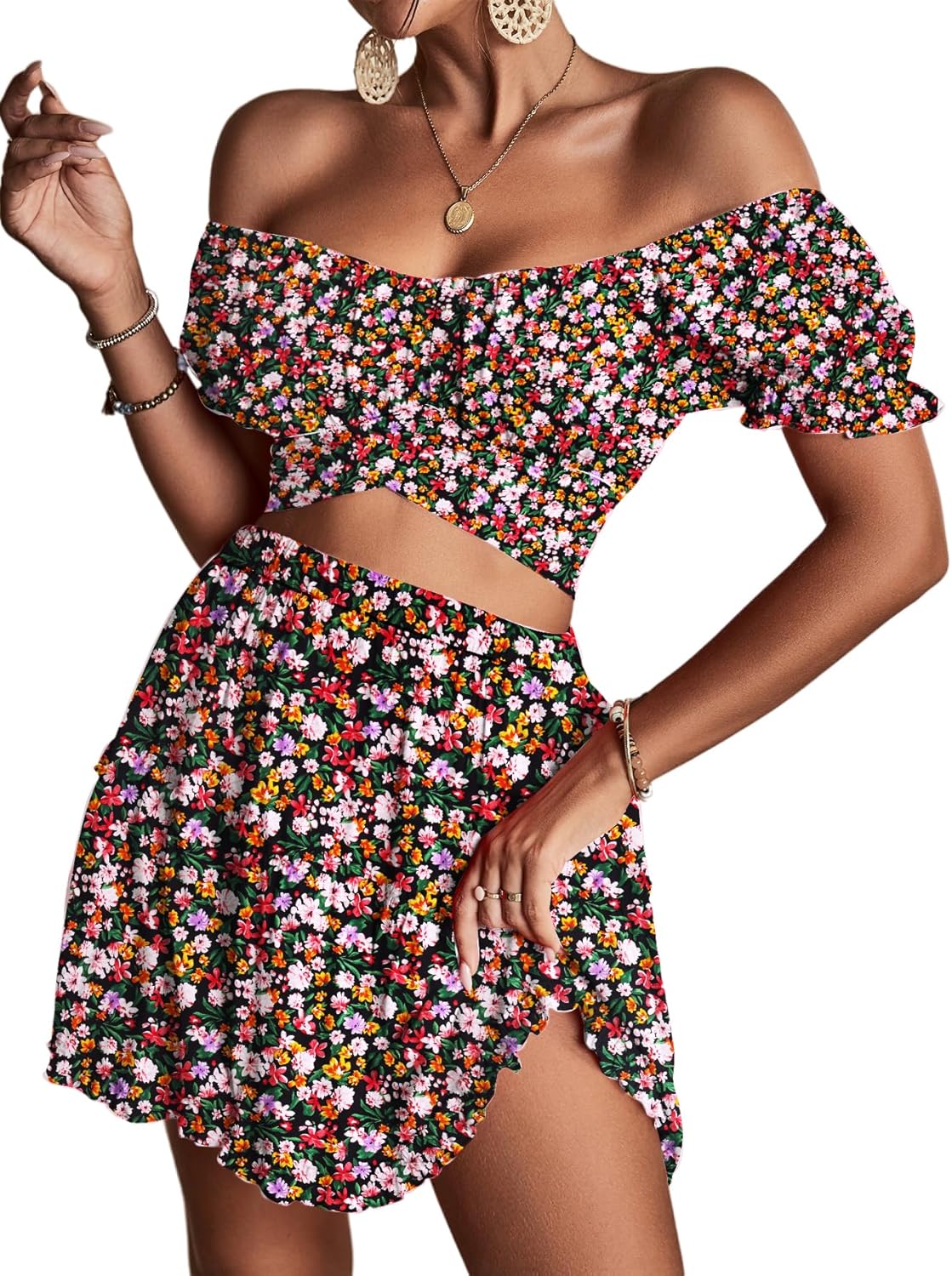 LYANER Women's Floral Off Shoulder Crop Top and Mini Skirt Set